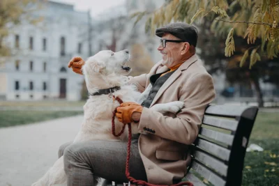 Alter Mann sitzt auf einer Bank im Park und spielt mit seinem Hund