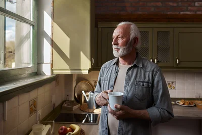 Alter Mann steht mit einer Tasse in der Hand in der Küche und schaut aus dem Fenster. Er hält die Tasse mit beiden Händen fest.