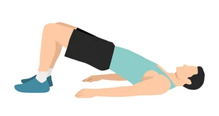 Grafische Darstellung einer männlichen Person, die liegend ihr Becken nach oben drückt um die Hüfte zu dehnen