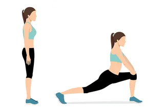 Grafische Darstellung einer weiblichen Person, die einen Ausfallschritt nach vorne macht, um den Hüftbeuger zu dehnen.