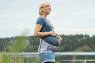Schwangere Frau steht an einem See und trägt eine Rückenorthese