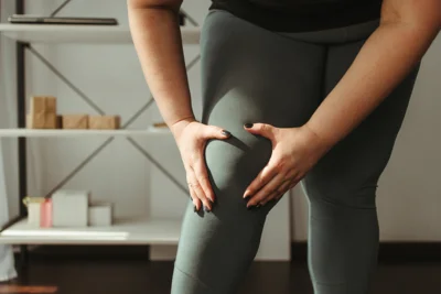 Sportlich gekleidete Person greift sich mit beiden Händen an ein Knie