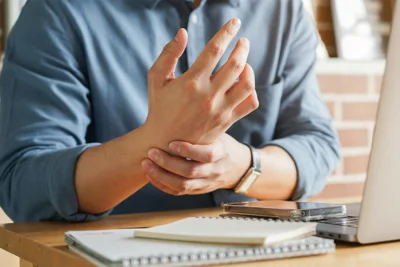 Person vor einem Laptop greift sich an das Handgelenk
