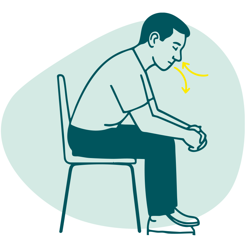 Illustration einer Person, die im Kutschersitz (Oberkörper leicht nach vorne gebeugt und Arme stützen sich auf den Knien auf) auf einem Stuhl sitzt