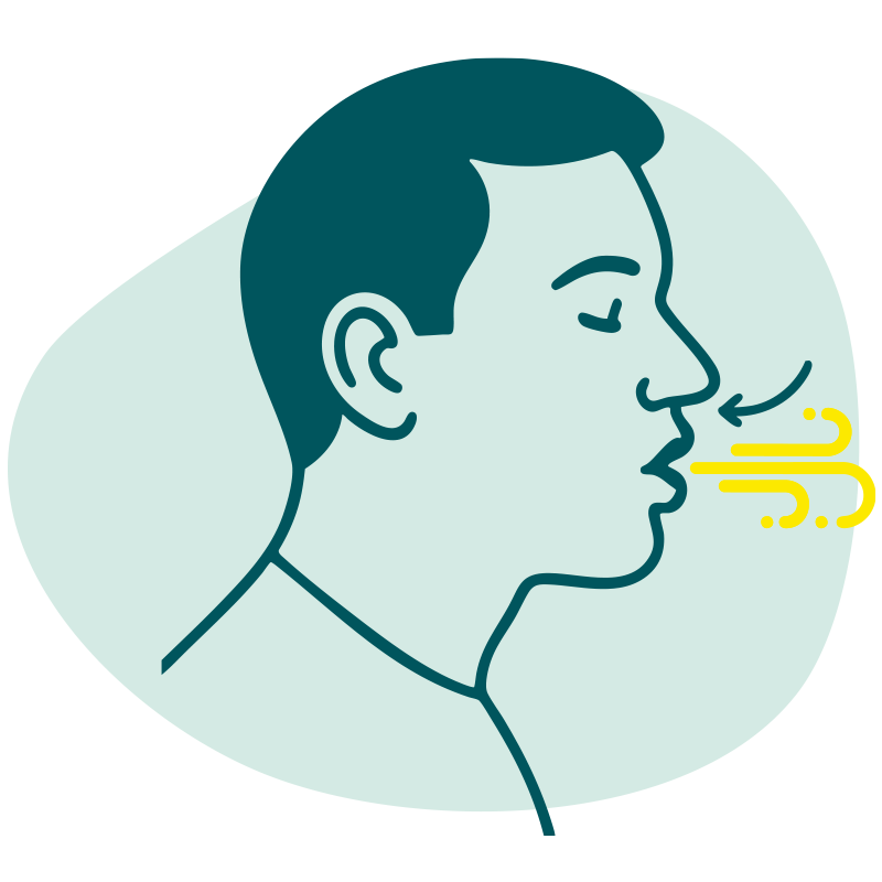 Illustration einer Person, die ihre Lippen leicht zusammenpresst und ausatmet.